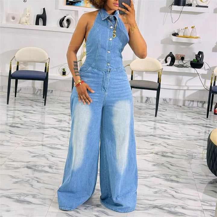 Ärmelloser rückenfreier Jeans-Jumpsuit für Damen
